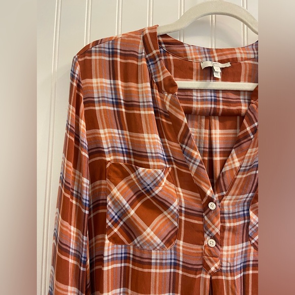 Joie Silk Burnt Orange Plaid V Neck Collarless Blouse Button Cuff Long Sleeve S - Picture 2 of 10